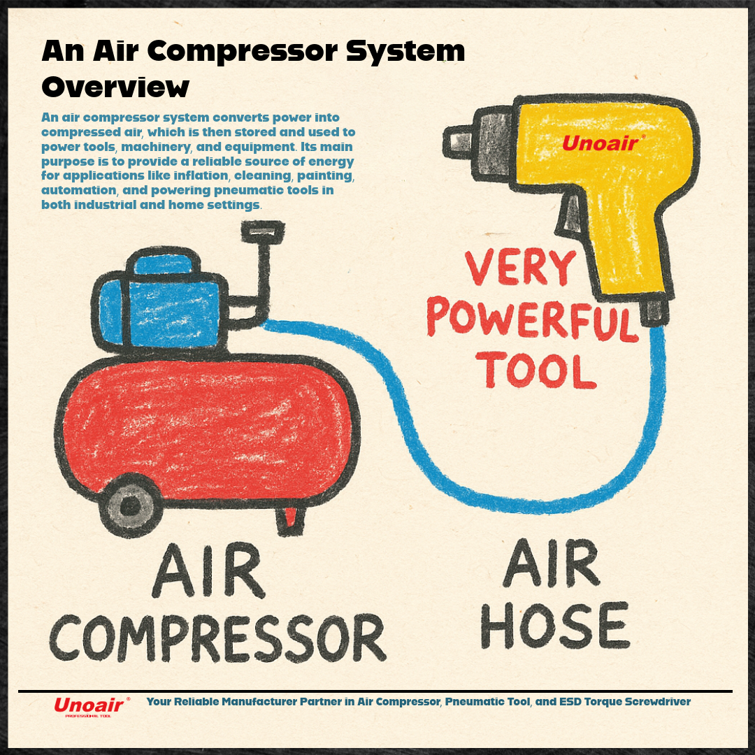 unoair pneumatic tool air compressor electrical torque screwdriver altas copco black decker milwaukee stanley snap on ingersoll rand schulz quincy System Overview